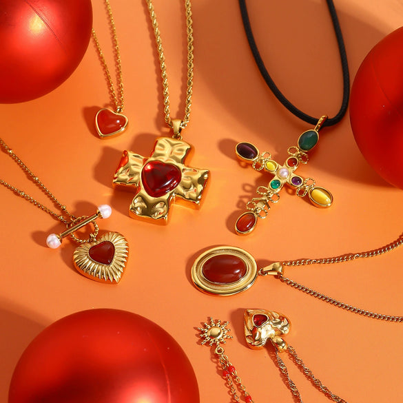 Stainless Steel And Titanium Steel Geometric Pendant Necklace With Red Agate Electroplating Style For Women