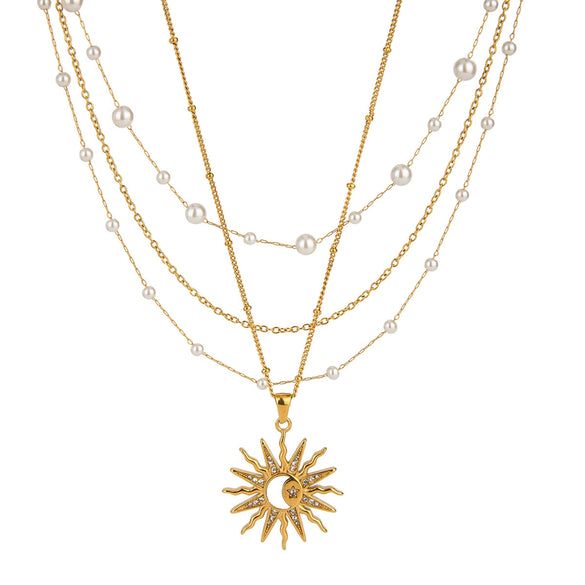 Stainless Steel And Titanium Steel Geometric Star Moon Pendant Pearl Multilayer Overlapping Necklace For Women With Electroplating