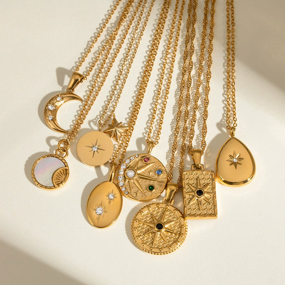 Stainless Steel And Titanium Steel Geometric Star Zircon Necklace For Women With Electroplating