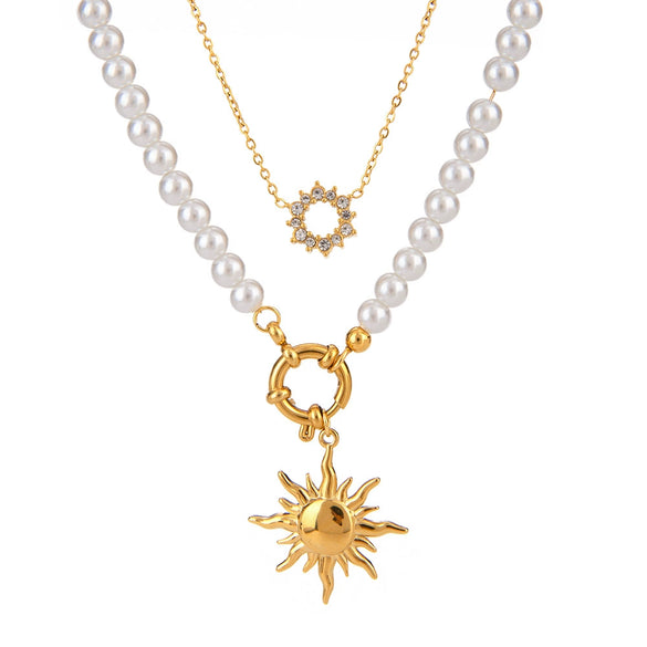 Stainless Steel And Titanium Steel Geometric Style Pearl Zircon Sun Niche Multilayer Stacked Necklace For Women