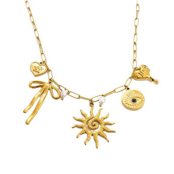 Stainless Steel And Titanium Steel Geometric Sunflower Tarot Pendant Clavicle Chain Jewelry For Women With Electroplating