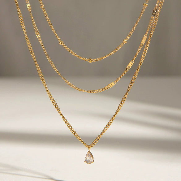 Stainless Steel And Titanium Steel Geometric Water Drop Pendant Multilayer Stacked Clavicle Chain Necklace For Women With Electroplating