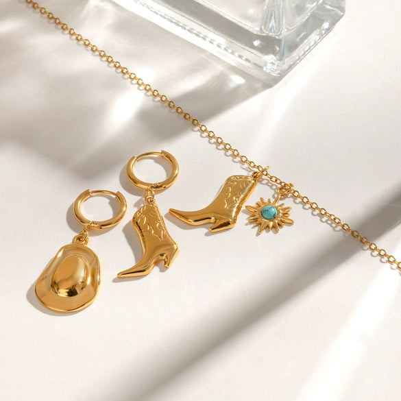 Stainless Steel And Titanium Steel Hat Pattern Boots Pendant Necklace And Earrings With Electroplating