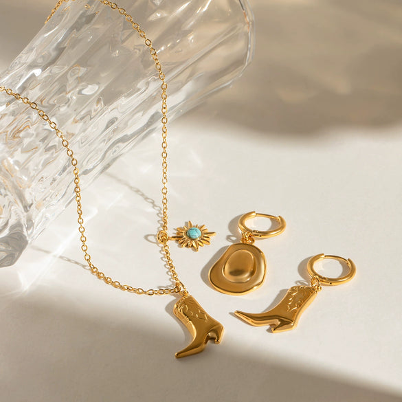 Stainless Steel And Titanium Steel Hat Pattern Boots Pendant Necklace And Earrings With Electroplating