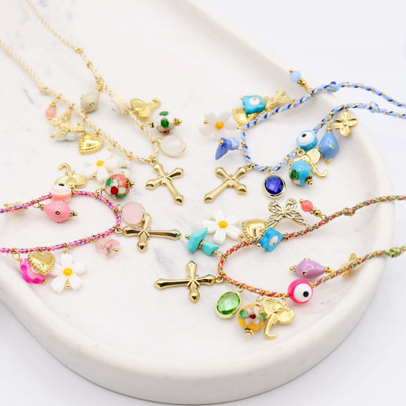Stainless Steel And Titanium Steel Heart And Cross Shaped Zircon Multipendant Necklace With Electroplating