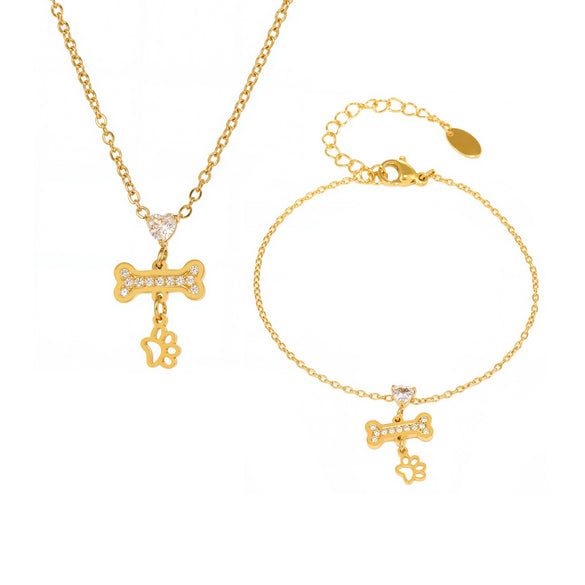 316L Stainless Steel And 316L Stainless Steel Heart Bone Zircon Pendant Stacked Clavicle Necklace And Bracelet Set With Electroplating