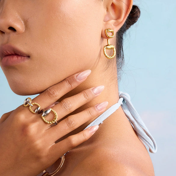 Stainless Steel And Titanium Steel Horseshoe Buckle Earrings With Heart Water Drop And Bell Patterns Electroplated Geometric Style