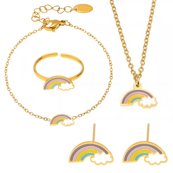 316L Stainless Steel And 316L Stainless Steel Jewelry For Kids Dopamine Dripping Oil Rainbow Cloud Style With Electroplating And Chain Pattern Include Necklace Bracelet Ring Earrings