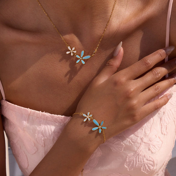 Stainless Steel And Titanium Steel Jewelry With Blue And White Drop Oil And Diamond Flowers Pattern Electroplated For Women Marine Vacation Style