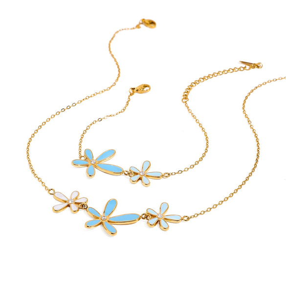 Stainless Steel And Titanium Steel Jewelry With Blue And White Drop Oil And Diamond Flowers Pattern Electroplated For Women Marine Vacation Style