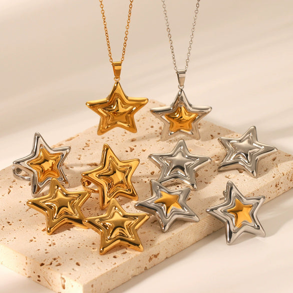 Stainless Steel And Titanium Steel Jewelry With Fivepointed Star Pattern Electroplated Pendant Necklace And Earrings For Women