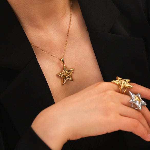 Stainless Steel And Titanium Steel Jewelry With Fivepointed Star Pattern Electroplated Pendant Necklace And Earrings For Women