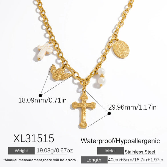 Stainless Steel And Titanium Steel Light Luxury O Chain Necklace With 18K Gold Cross And Pearl Electroplated
