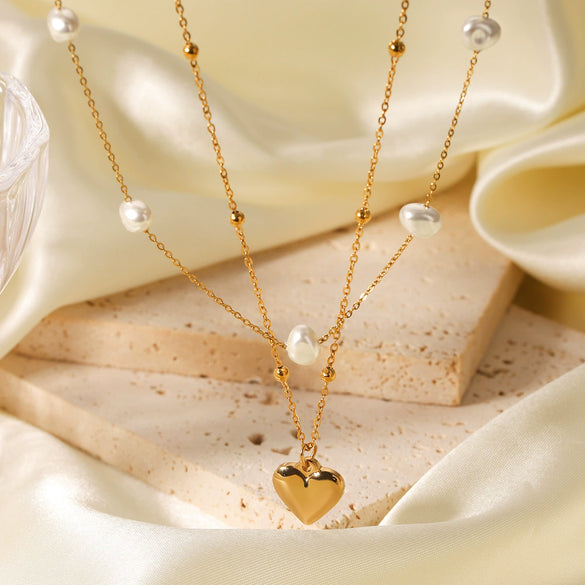 Stainless Steel And Titanium Steel Love Pendant Doublelayer Stacked Pearl Necklace For Women With Geometric Pattern And Electroplating