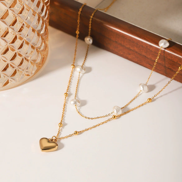 Stainless Steel And Titanium Steel Love Pendant Doublelayer Stacked Pearl Necklace For Women With Geometric Pattern And Electroplating