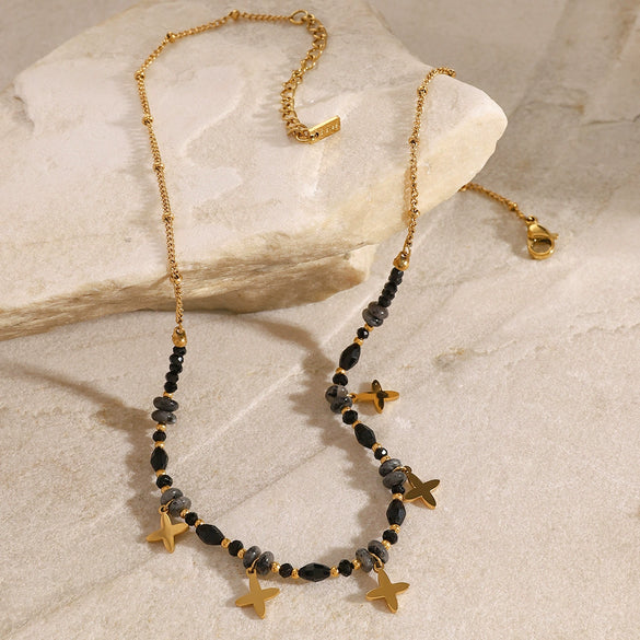 Stainless Steel And Titanium Steel Natural Stone Crystal Pendant Necklace With Electroplating For Women