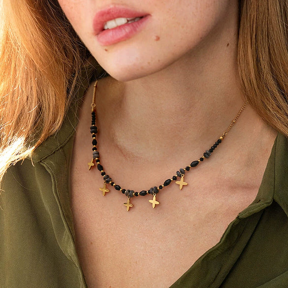 Stainless Steel And Titanium Steel Natural Stone Crystal Pendant Necklace With Electroplating For Women
