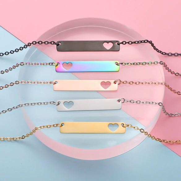 Stainless Steel And Titanium Steel Necklace Rectangular Cut Out Heart Pendant Cross Chain Geometric Style