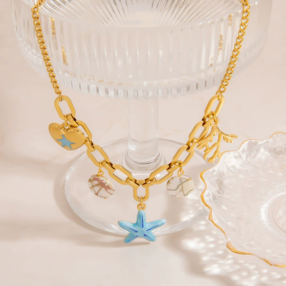 Stainless Steel And Titanium Steel Ocean Animal Zodiac Heart Star Multipendant Clavicle Chain Necklace With Electroplating