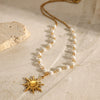 Stainless Steel And Titanium Steel Pearl Necklace With Geometric Style Sunflower Pendant And Regular Chain Electroplated