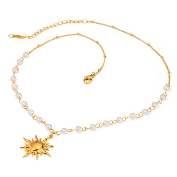 Stainless Steel And Titanium Steel Pearl Necklace With Geometric Style Sunflower Pendant And Regular Chain Electroplated