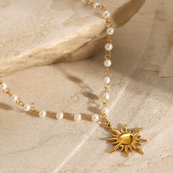 Stainless Steel And Titanium Steel Pearl Necklace With Geometric Style Sunflower Pendant And Regular Chain Electroplated