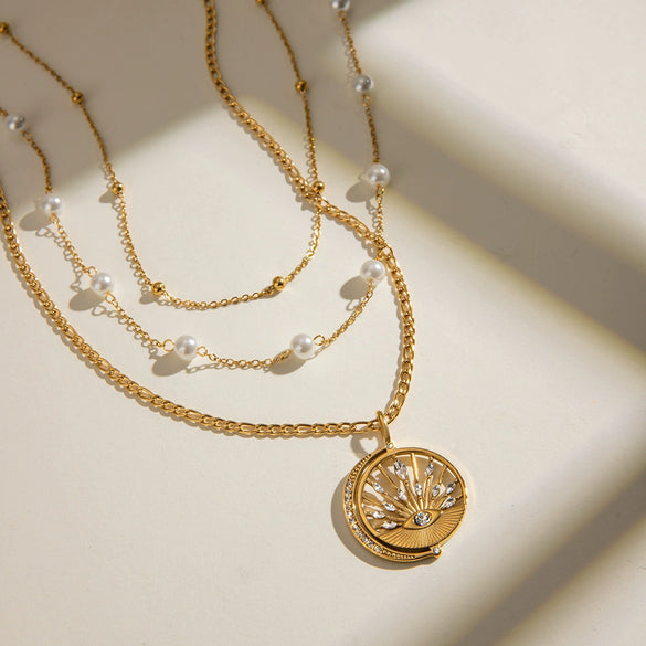 Stainless Steel And Titanium Steel Pearl With Diamond Pendant Necklace Geometric Style Electroplating Design For Women