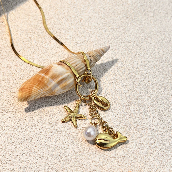 Stainless Steel And Titanium Steel Retro Minimalist Ushaped Necklace With Starfish Pearl Shell Tassel For Unisex