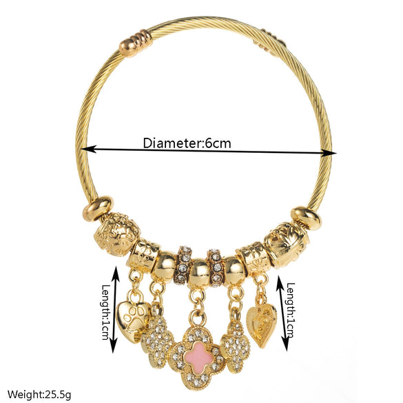Stainless Steel And Titanium Steel Sweet Geometric Diamondencrusted Fourleaf Clover Pendant Bracelet