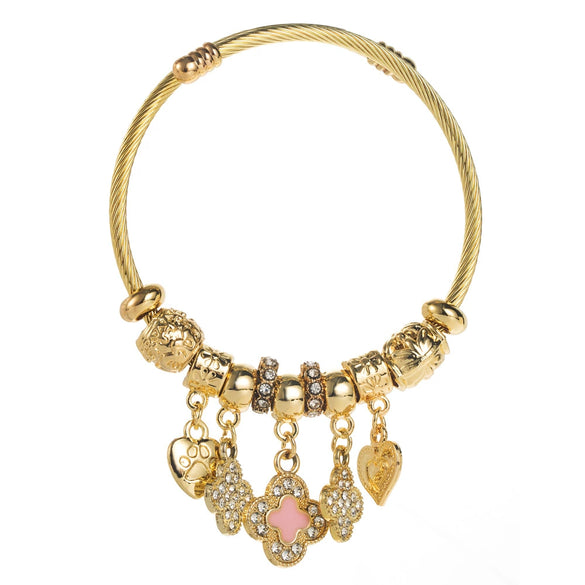 Stainless Steel And Titanium Steel Sweet Geometric Diamondencrusted Fourleaf Clover Pendant Bracelet