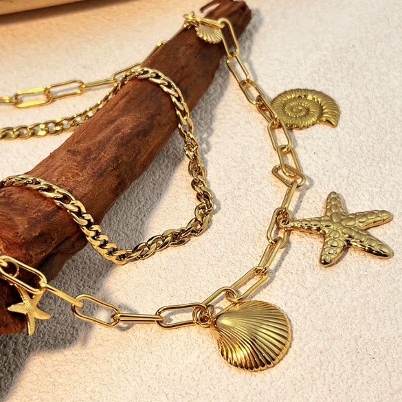 Stainless Steel And Titanium Steel Vintage U Shape Starfish Shell Pendant Necklace With Electroplating Process And Cross Chain Style Unisex Jewelry