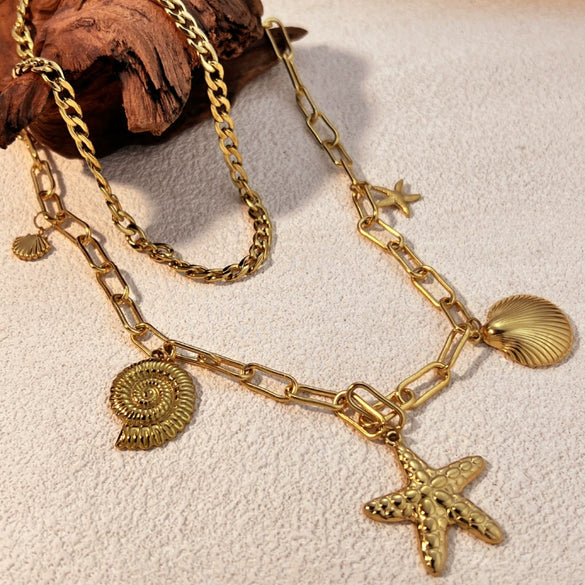 Stainless Steel And Titanium Steel Vintage U Shape Starfish Shell Pendant Necklace With Electroplating Process And Cross Chain Style Unisex Jewelry