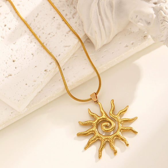 Stainless Steel And Titanium Steel Whirlpool Pattern Hammered Sunflower Pendant Necklace And Ring Set With Snake Bone Chain Electroplated For Women