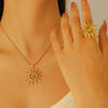 Stainless Steel And Titanium Steel Whirlpool Pattern Hammered Sunflower Pendant Necklace And Ring Set With Snake Bone Chain Electroplated For Women