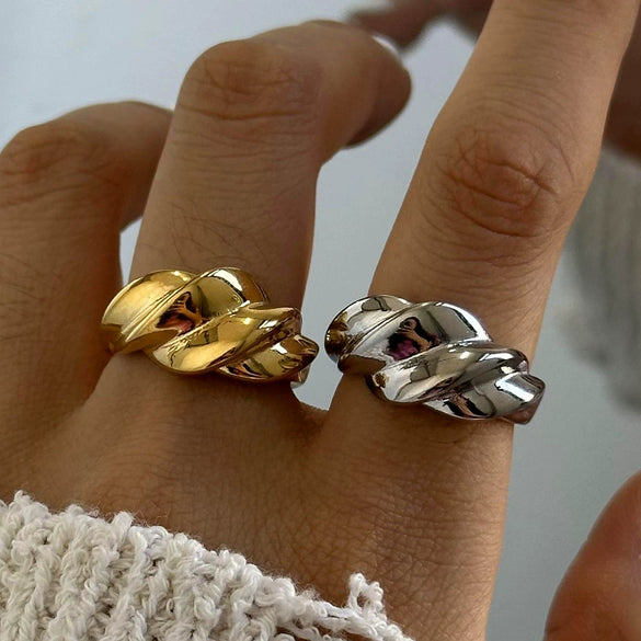 Stainless Steel And Zircon Opening Ring With Geometric Design And Electroplating For Women