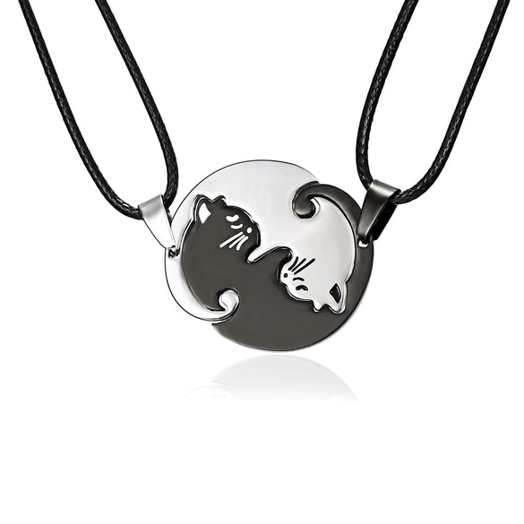 Stainless Steel Animal Cat Pendant Couple Necklace With Black And White Kitten Embrace Round Design On Leather Rope Chain