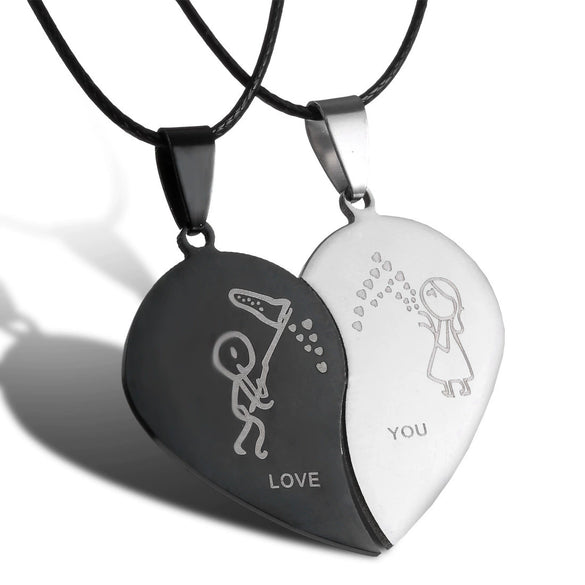 Stainless Steel Animal Cat Pendant Couple Necklace With Black And White Kitten Embrace Round Design On Leather Rope Chain