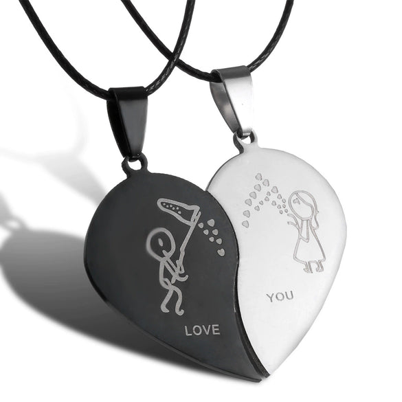 Stainless Steel Animal Cat Pendant Couple Necklace With Black And White Kitten Embrace Round Design On Leather Rope Chain