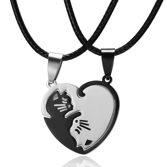Stainless Steel Animal Cat Pendant Couple Necklace With Black And White Kitten Embrace Round Design On Leather Rope Chain