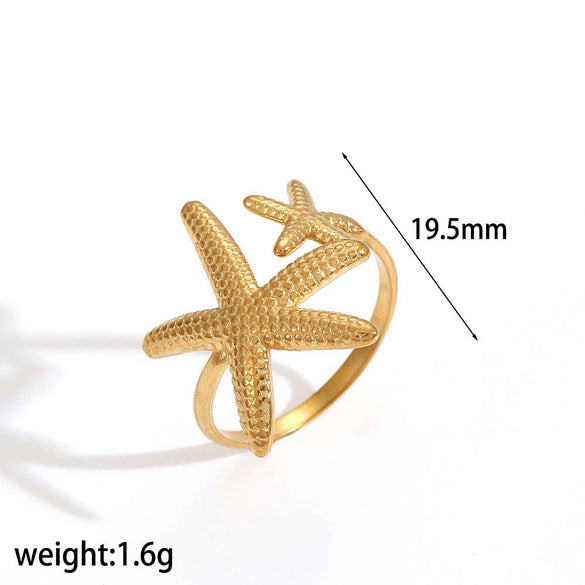 Stainless Steel Animal Geometric Style Ring With Marine Elements Like Hippocampus Scallop Starfish And Electroplating
