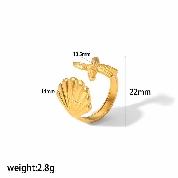Stainless Steel Animal Geometric Style Ring With Marine Elements Like Hippocampus Scallop Starfish And Electroplating