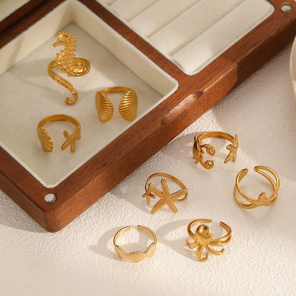 Stainless Steel Animal Geometric Style Ring With Marine Elements Like Hippocampus Scallop Starfish And Electroplating