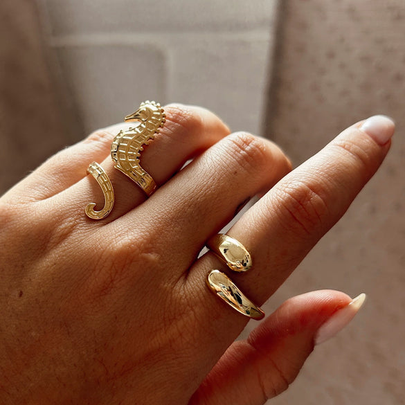 Stainless Steel Animal Geometric Style Ring With Marine Elements Like Hippocampus Scallop Starfish And Electroplating