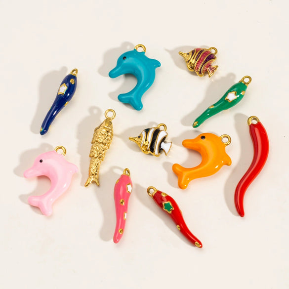 Stainless Steel Animal Style Oil Dripping Marine Series Pendant Diy Jewelry Accessories With Real Gold Electroplated Dolphin And Tropical Fish