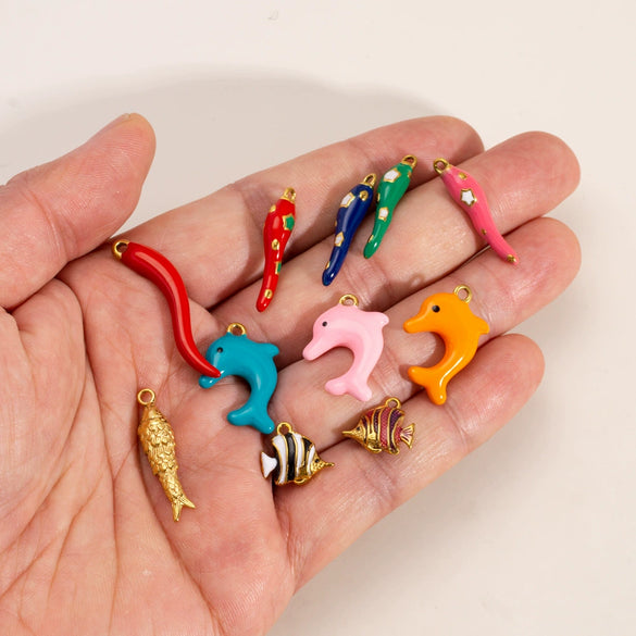 Stainless Steel Animal Style Oil Dripping Marine Series Pendant Diy Jewelry Accessories With Real Gold Electroplated Dolphin And Tropical Fish