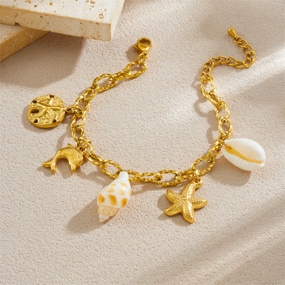 Stainless Steel Animal Zodiac Dolphin Starfish Shell Round Irregular Pendant Ocean Bracelet With Electroplating For Women