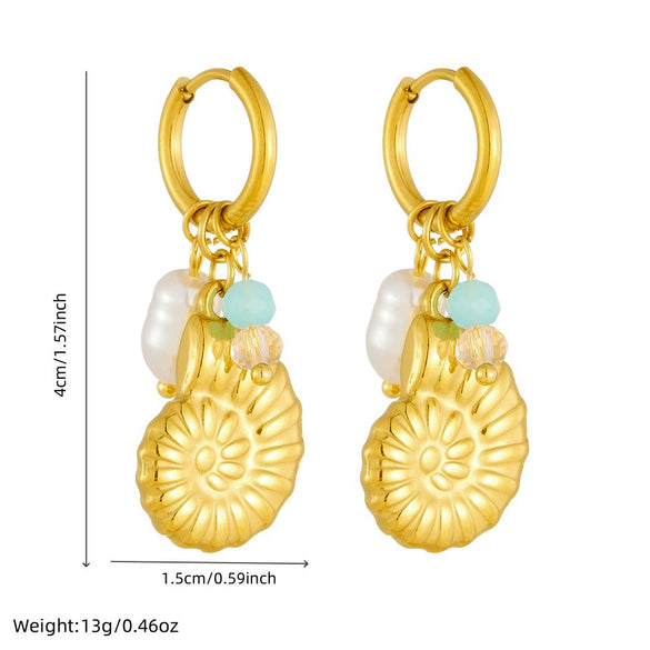 Stainless Steel Animal Zodiac Goldplated Conch Pendant Colorful Beaded Women's Earrings
