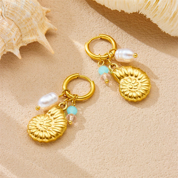 Stainless Steel Animal Zodiac Goldplated Conch Pendant Colorful Beaded Women's Earrings