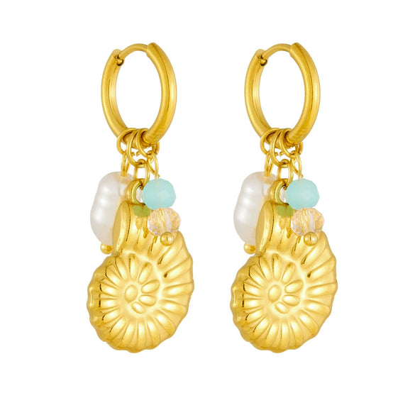 Stainless Steel Animal Zodiac Goldplated Conch Pendant Colorful Beaded Women's Earrings