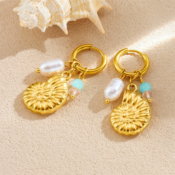 Stainless Steel Animal Zodiac Goldplated Conch Pendant Colorful Beaded Women's Earrings